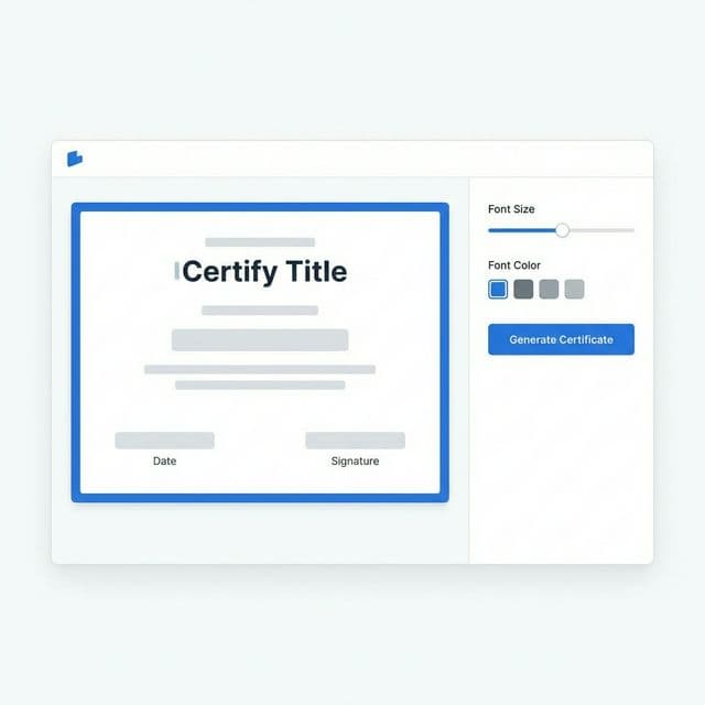 The MailMyCertificate editor with a certificate template loaded and name and event text fields positioned on the design ready for bulk generation